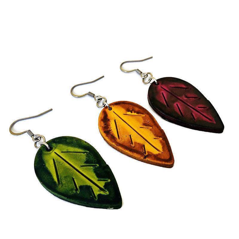 Autumn Leaf Earrings, Mismatched Mix and Match Dangles Mustard Maroon Green