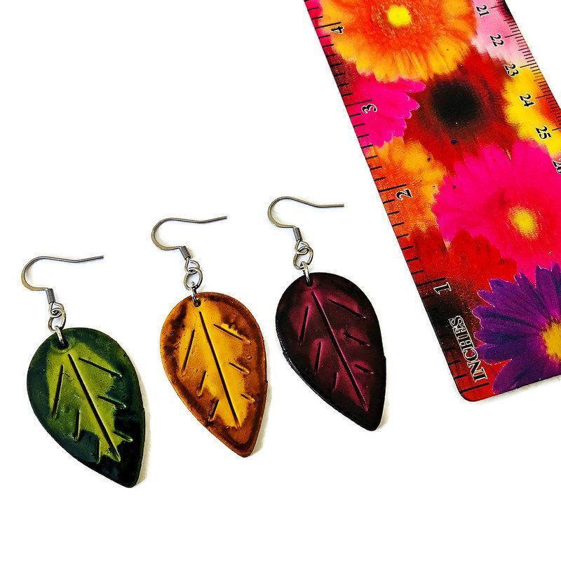 Autumn Leaf Earrings, Mismatched Mix and Match Dangles Mustard Maroon Green