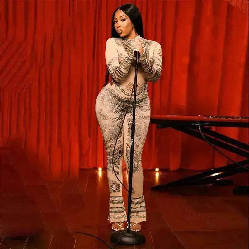 Autumn Women's Street Digital Printed Charming Mesh See-through Tight Jumpsuit