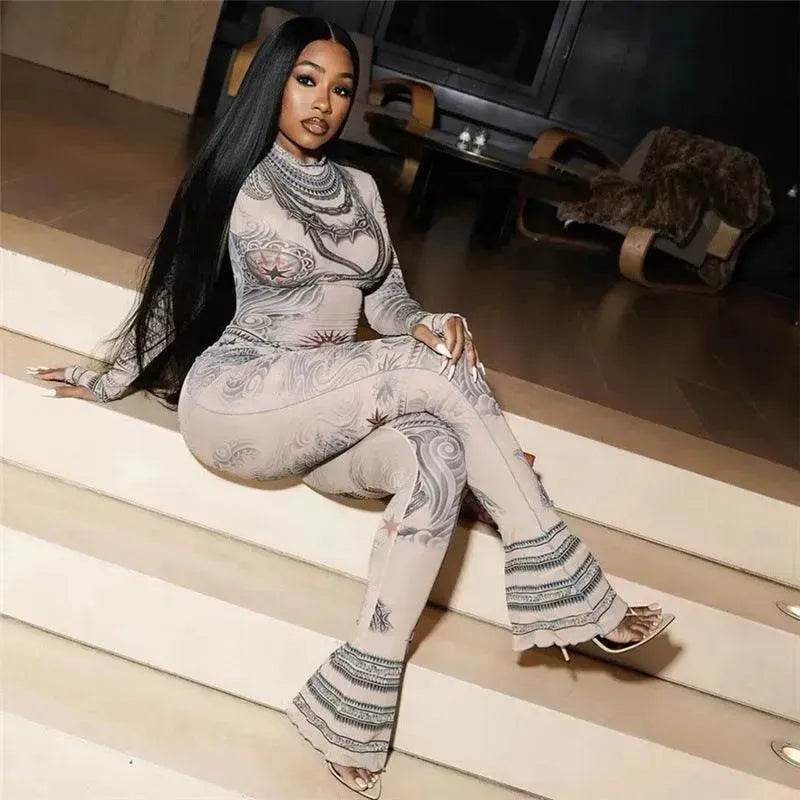 Autumn Women's Street Digital Printed Charming Mesh See-through Tight Jumpsuit