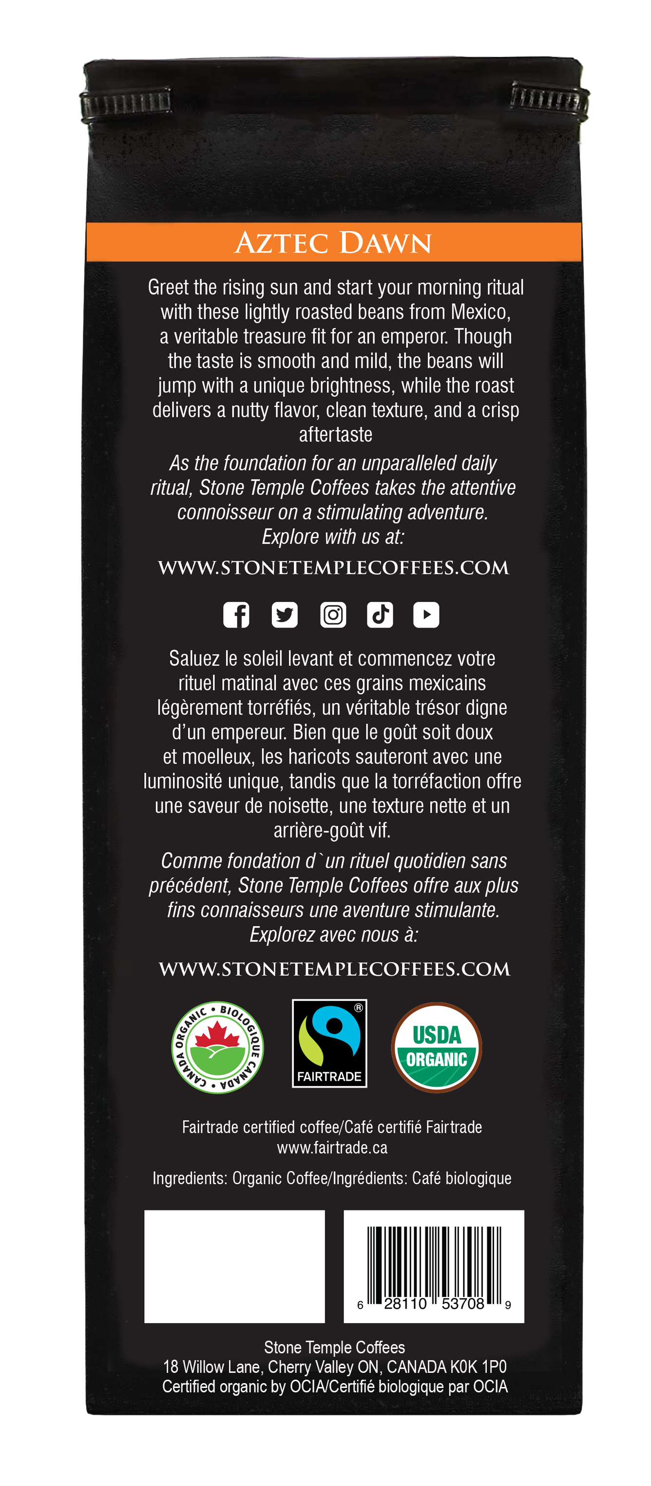 Aztec Dawn - Whole Bean, Light Roast, Certified Organic OCIA/ Fairtrade Coffee 1lb/454g