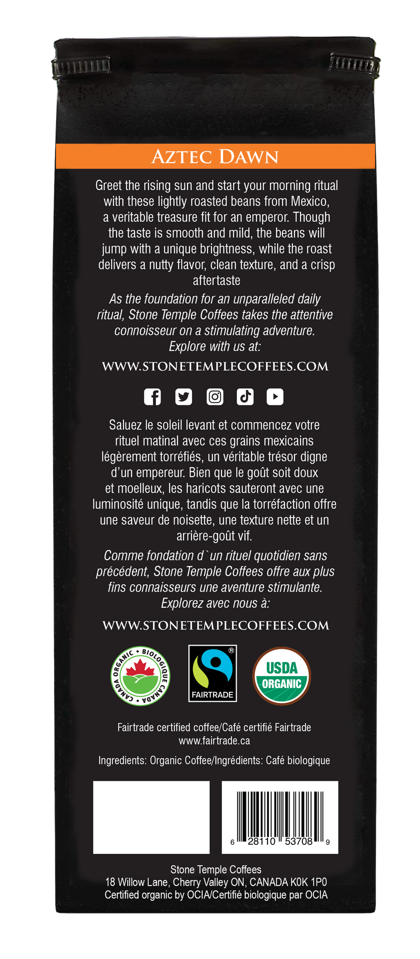 Aztec Dawn - Whole Bean, Light Roast, Certified Organic OCIA/ Fairtrade Coffee 1lb/454g