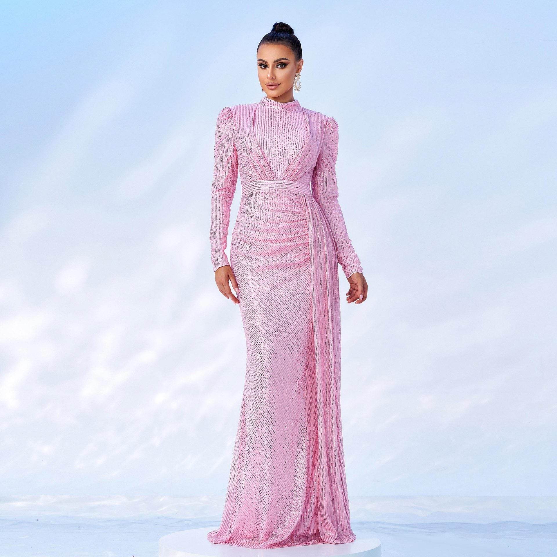 Long Sleeve Round Neck Slim Long Sequined Banquet Dress