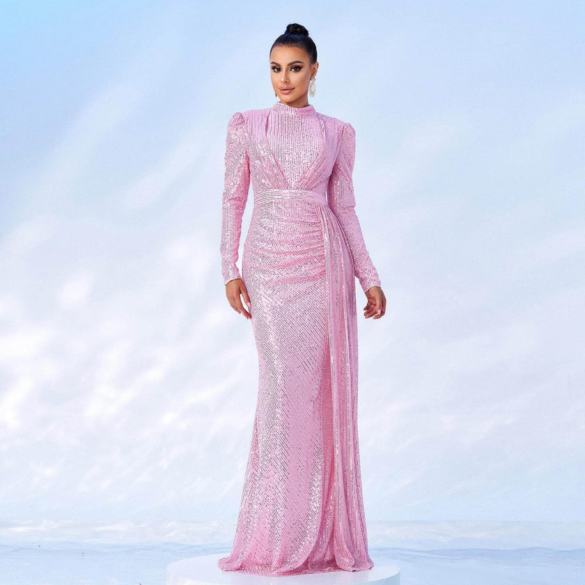 Long Sleeve Round Neck Slim Long Sequined Banquet Dress