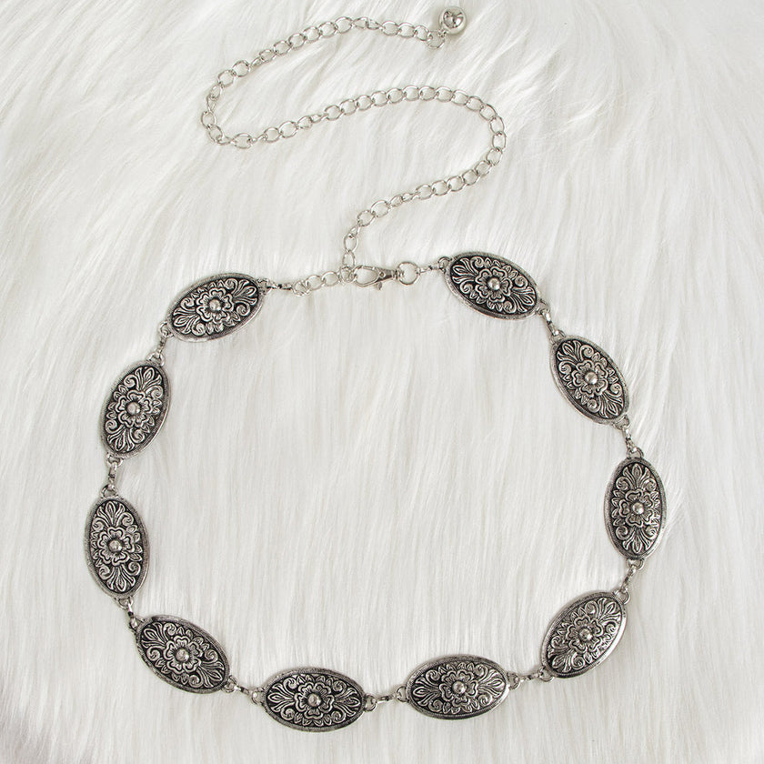 Women's Carved Vintage Metal Waist Chain – Engraved Retro Body Chain Silver Gold