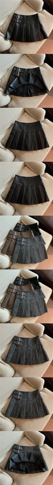 Women's American-style Vintage Mini  Pleated Leather Skirt