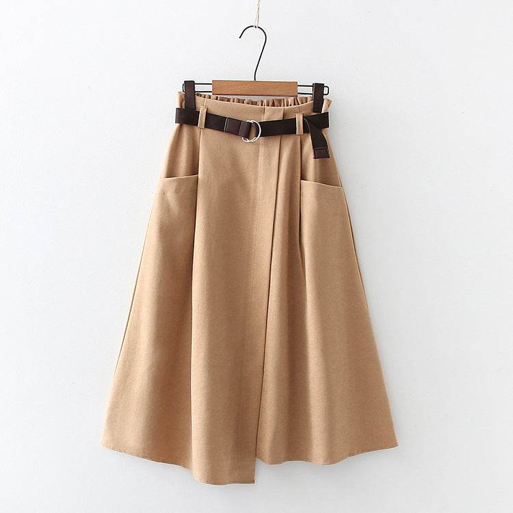 Solid Color Leisure Artistic Pocket High Waist Irregular flared Midi Skirt for work women