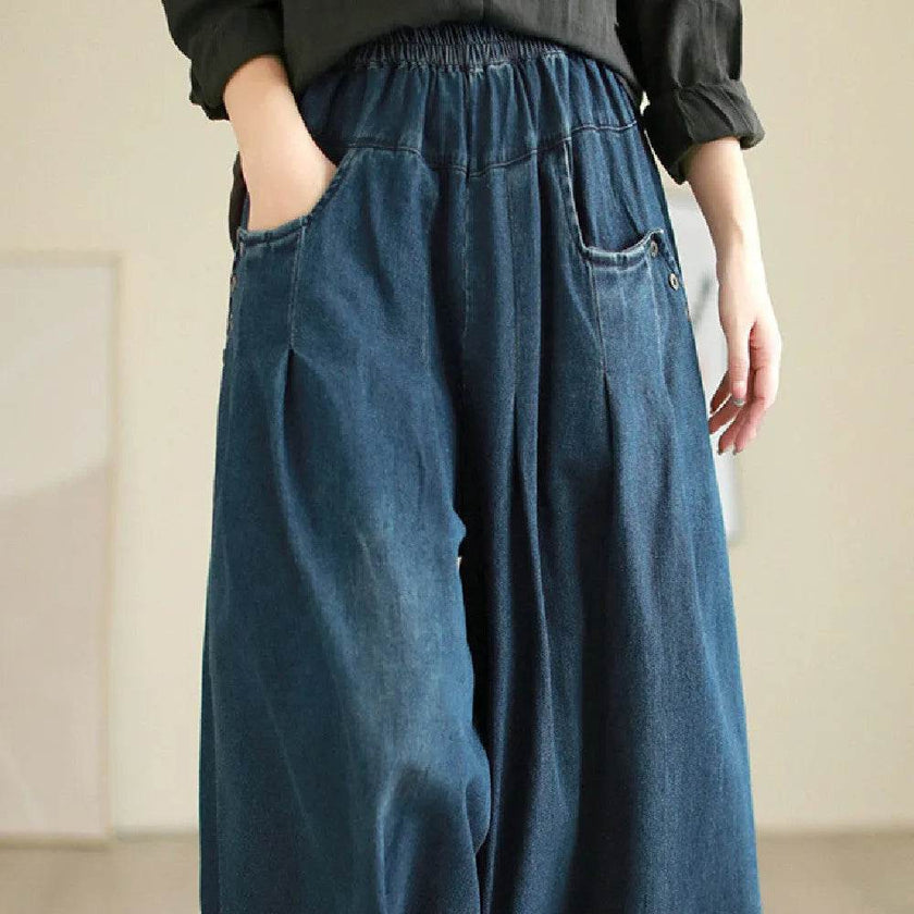 Wide-leg Baggy Jeans Pant Elastic Waist Washed Wear-white Loose Slimming And All-matching Trousers For Women