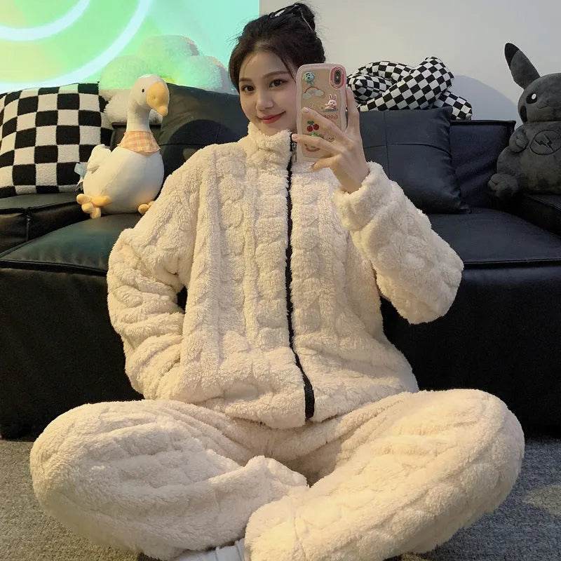 Woolen Pajama – Soft Flannel Stand Collar Cardigan Set for Home & Sleep