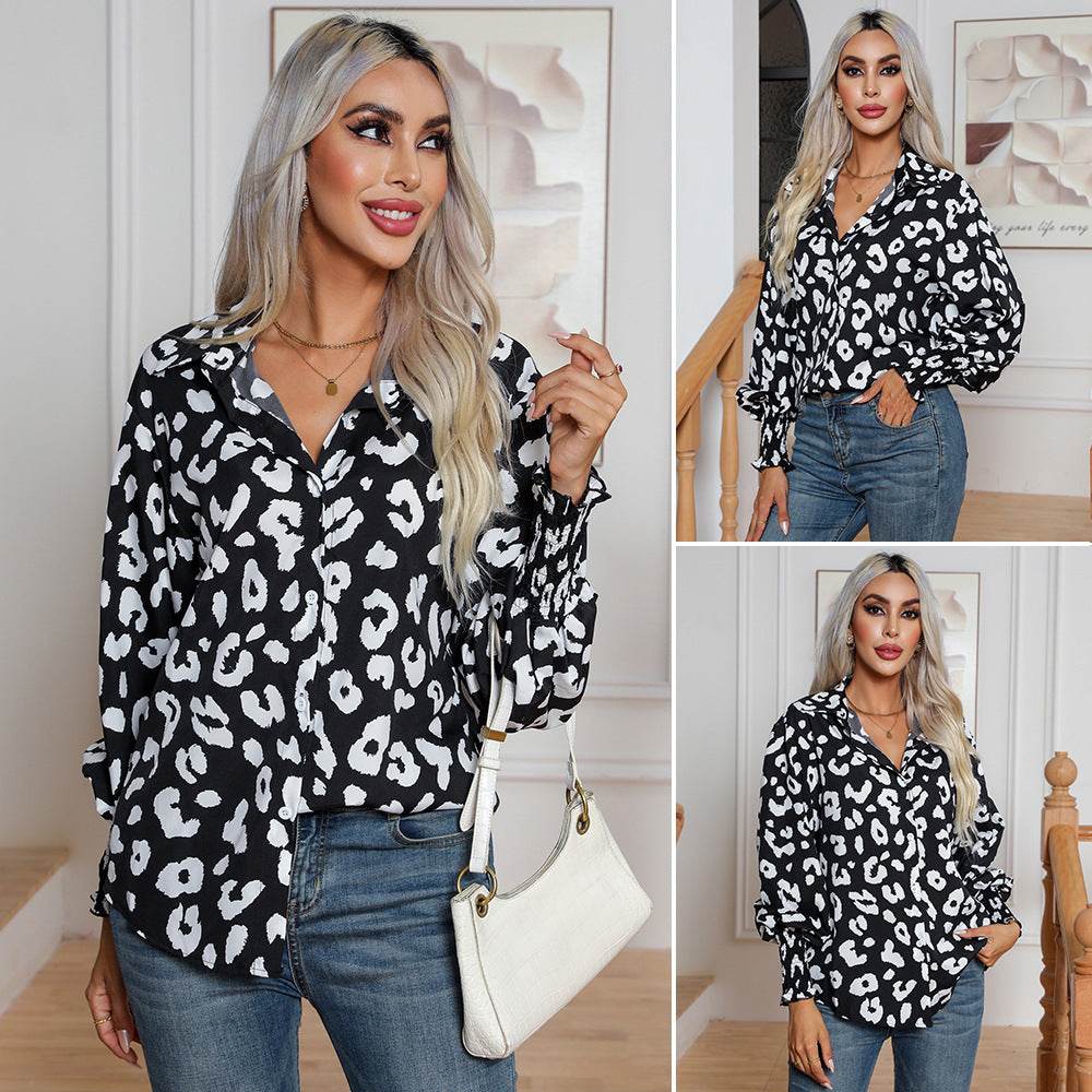 Leopard Print Lantern Sleeve Blouse Shirt top for Women
