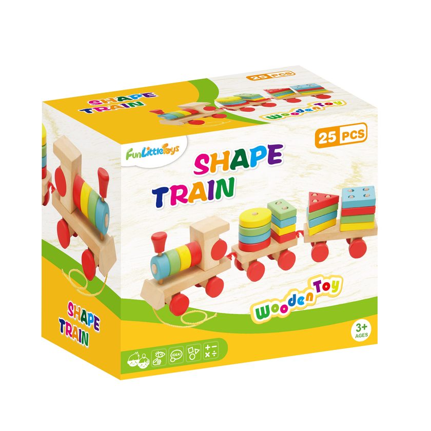 Fun Little Toys - Wooden Train Shape Sorter and Stacking Toy 25 Pcs