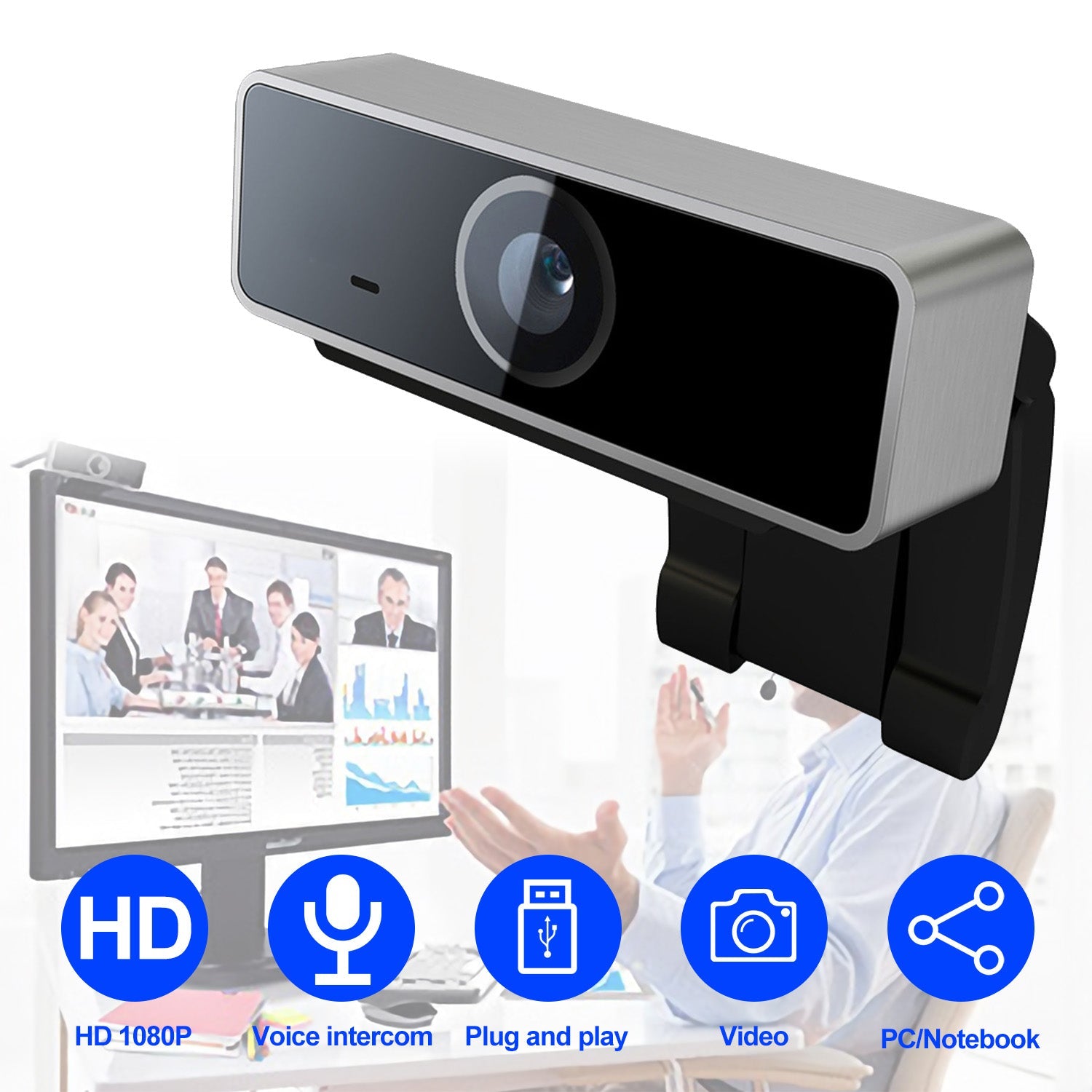 1080P USB Webcam with Autofocus, 60° Wide Angle and Built-In Microphone