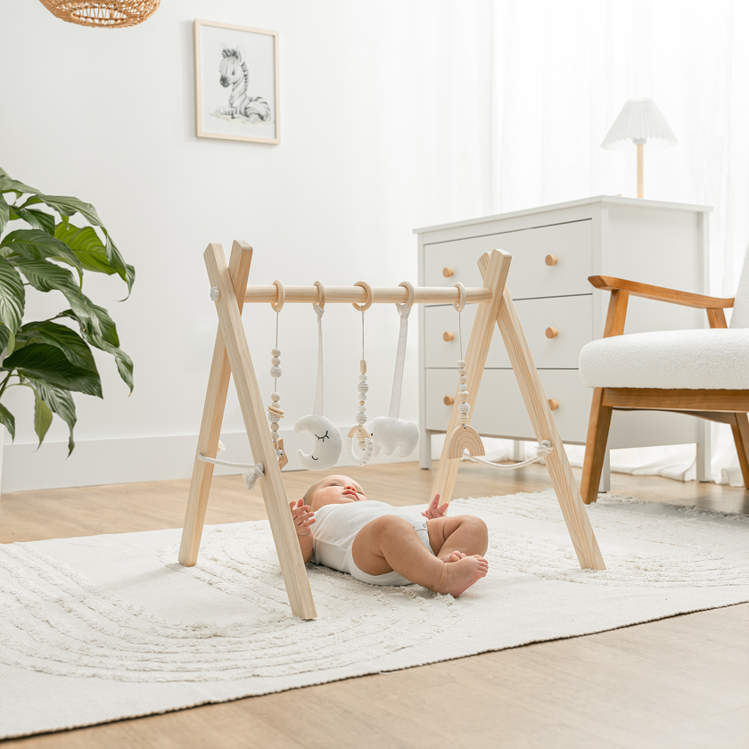 Comfy Cubs - Foldable Baby Play Gym with 5 Hanging Toys - Natural Wood