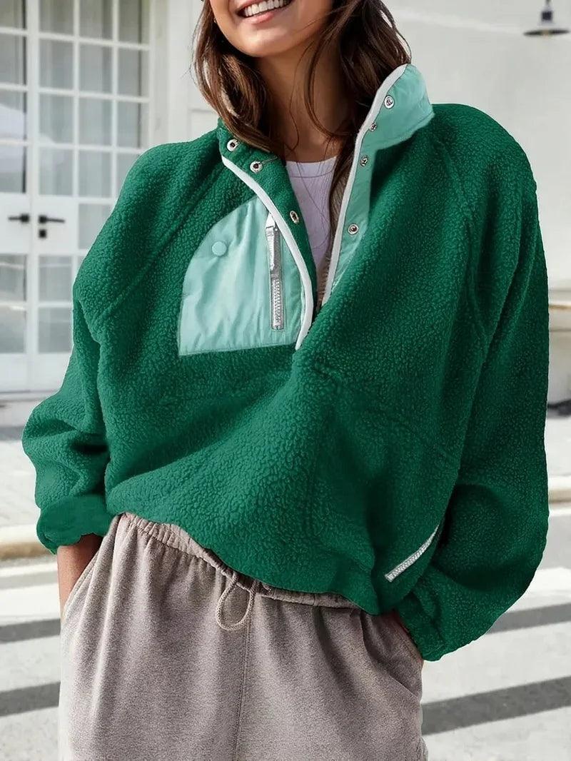 Women's Fashion Sweatshirt Fleece Stand Collar Zipper Pocket Top