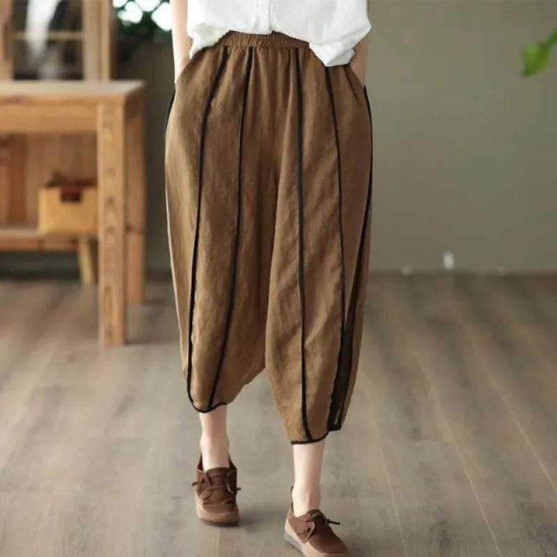 Women's Striped Cotton Linen Harem Bloomer Pants – High Waist Cropped