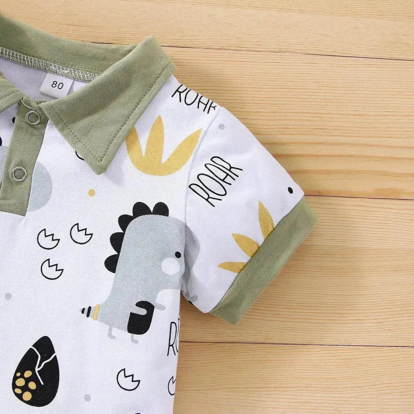 Boy's Little Dinosaur Lapel Cotton Short Sleeve Top Short Pants Suit Two piece for boys.