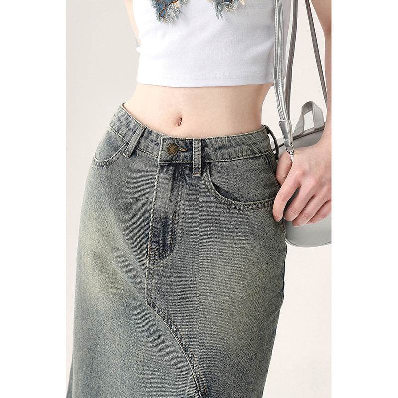 Irregular Half-length Split Denim long Skirt