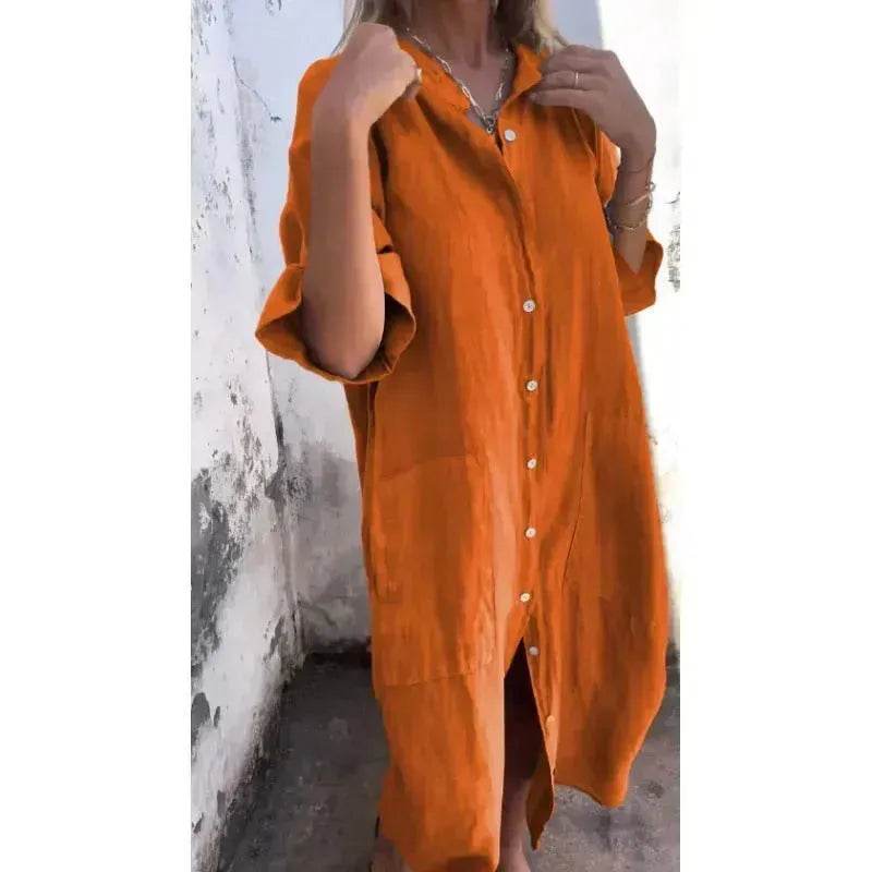 Women's Cotton Linen Shirt Dress – Loose Casual Button-Down A-Line Dress
