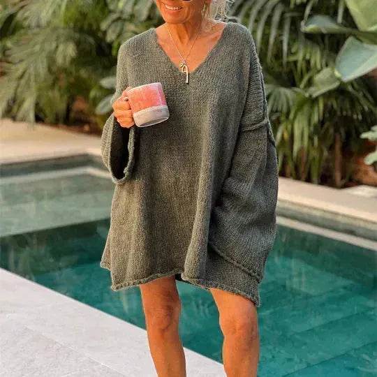 Women's Fashion V-neck Long-sleeve Knitwear 2-color Sweater dress