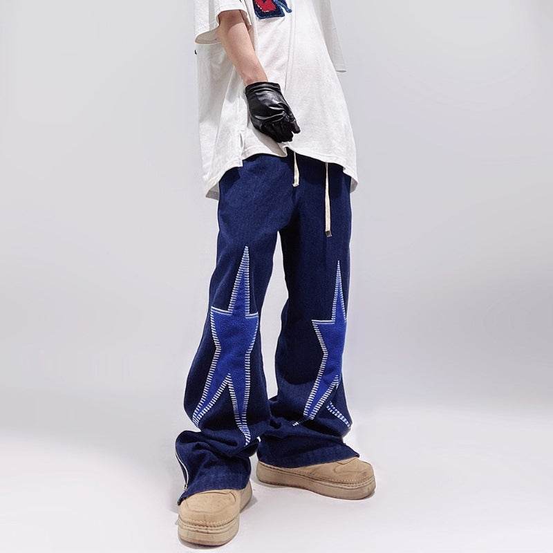 Five-pointed Star Embroidery Denim Horn Loose Straight Casual All-match Mop Jeans Baggy Trousers Men