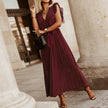 Maxi Dresses For Women - Elegant V Neck Ruffled Sleeves Empire Waist Pleated Flowy Dress