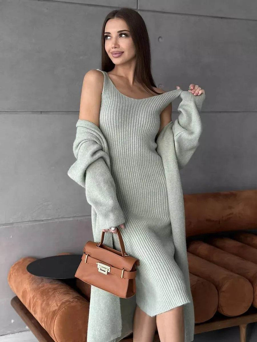 Women 2pcs Winter outfit set  Long dress Cashmere Long Cardigan Jacket