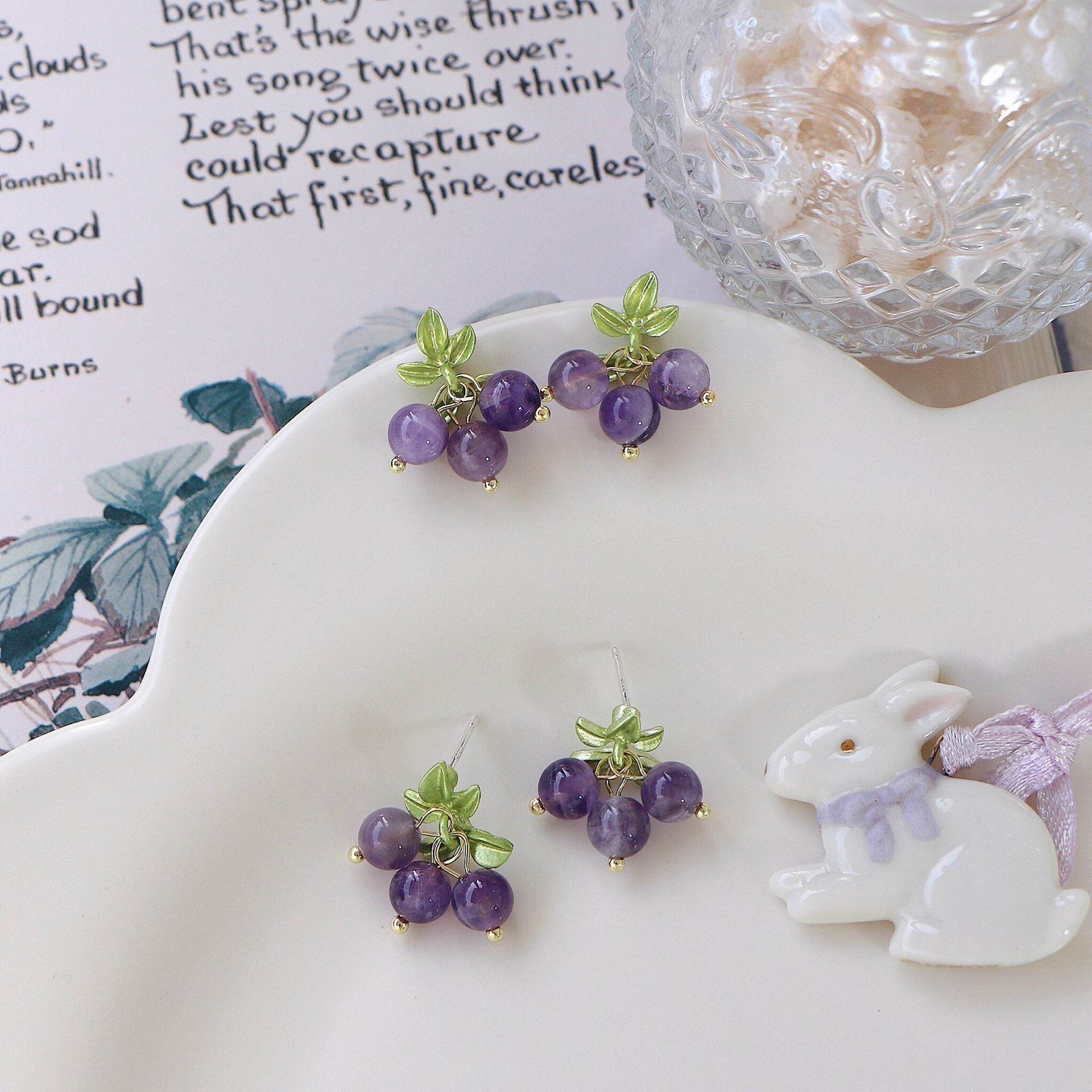 Female Purple Blueberry Fruit Beaded Earrings