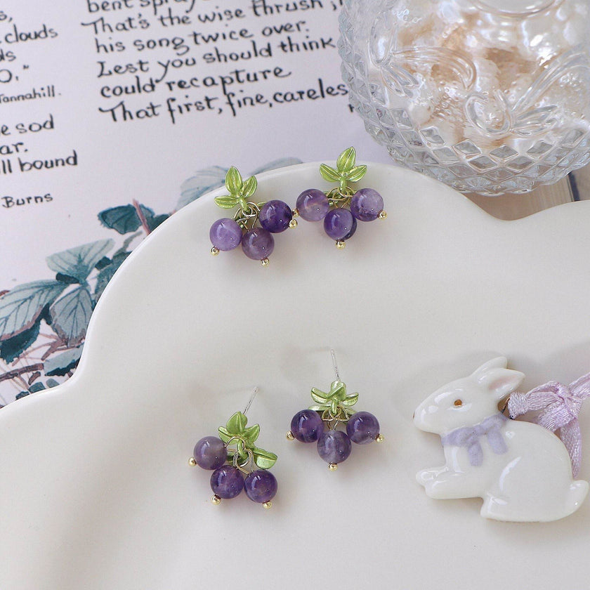 Female Purple Blueberry Fruit Beaded Earrings