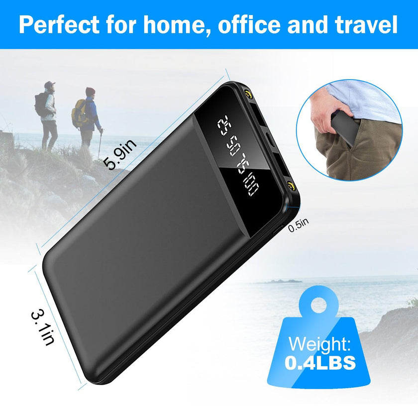 10000mAh Ultra Slim Power Bank Digital Display LED Flashlight 2 USB Ports Airline Approved