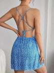 Women Fashion Printed Casual Spaghetti Strap Backless Mini Skater Dress