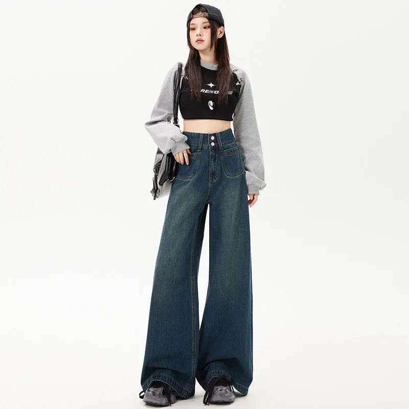 New Simple High Waist Casual Straight-leg Baggy Jeans Pant For Women