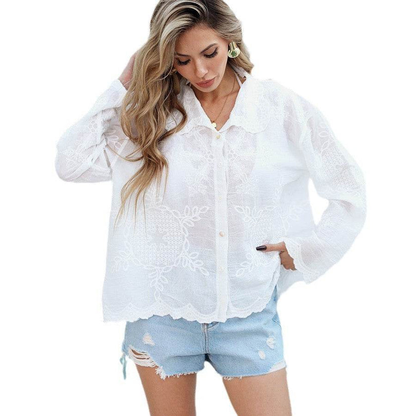 White lace Button down Long Sleeve Beach Blouse Shirt
