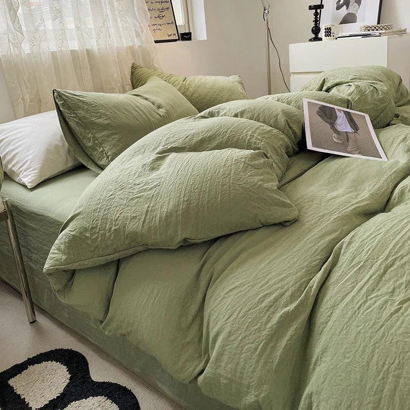 Solid Colour Sanding Washed Cotton 4-Piece Duvet Cover Bed Set