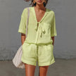 Women's Linen Tie-Front Shirt & Shorts Set – Casual Summer 2-Piece Outfit