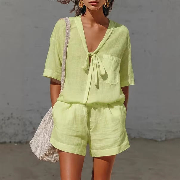Women's Linen Tie-Front Shirt & Shorts Set – Casual Summer 2-Piece Outfit