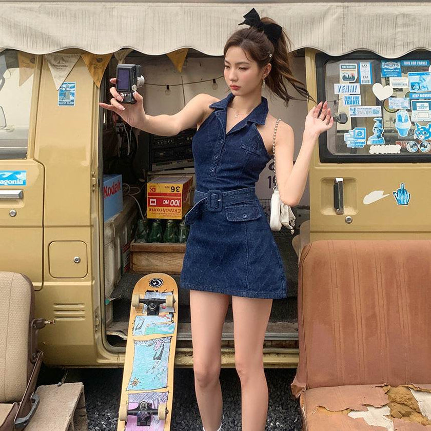 Mini Sleeveless Sheath Denim jeans halter neck Dress
