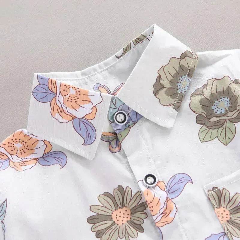 Summer  Flower Lapel Shirt Two-piece Set for boys Short sleeve shirt and short pant