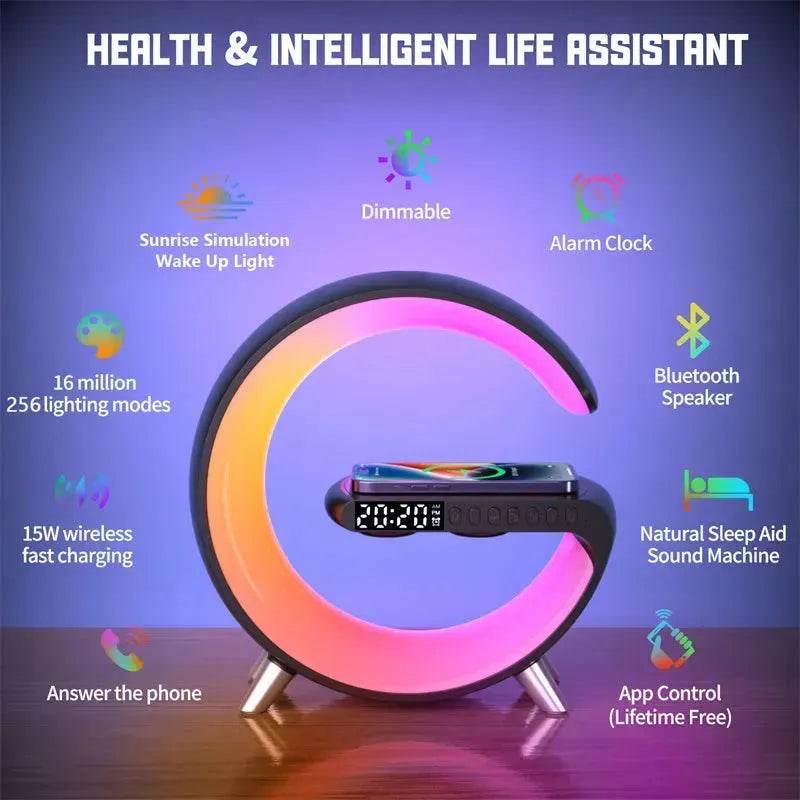 G shaped Wireless Phone Charging Night LED Lamp Bluetooth Speaker