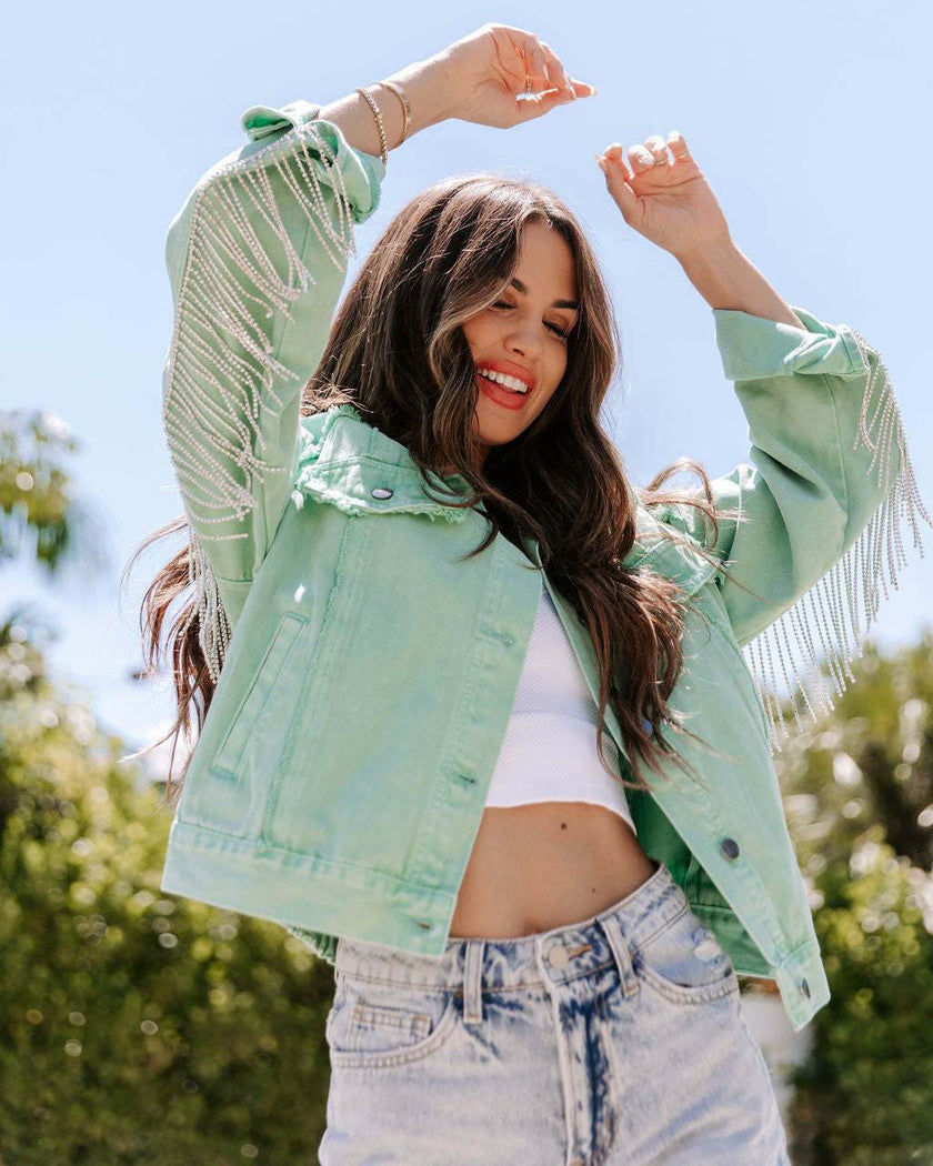 Denim Jacket Women – Light Green Cotton Long Sleeve Jacket