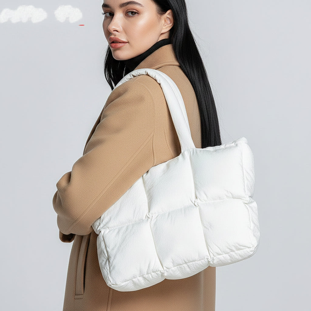 Soft Down Quilted Puffer Tote Handbag for Women – Cotton-Filled | White & Black