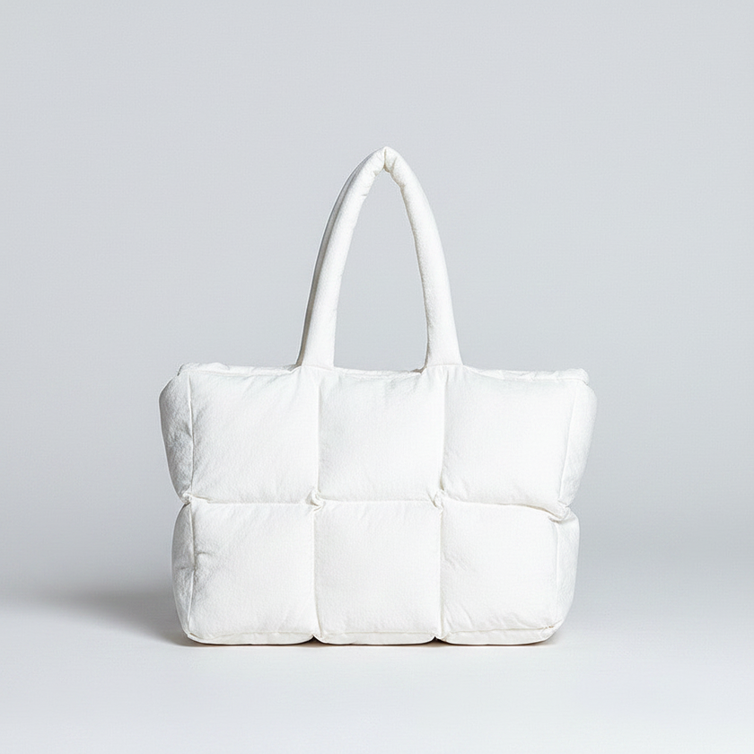 Soft Down Quilted Puffer Tote Handbag for Women – Cotton-Filled | White & Black
