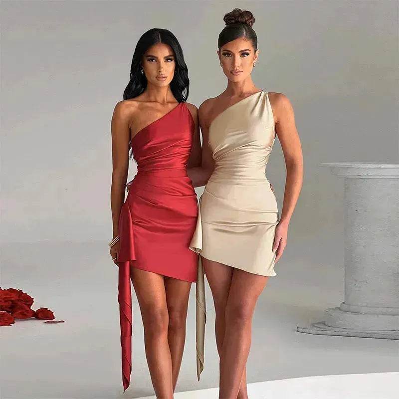 One-shoulder Sleeveless Mini Dress Charming Slim Backless Party Wedding Satin Dresses Womens Clothing
