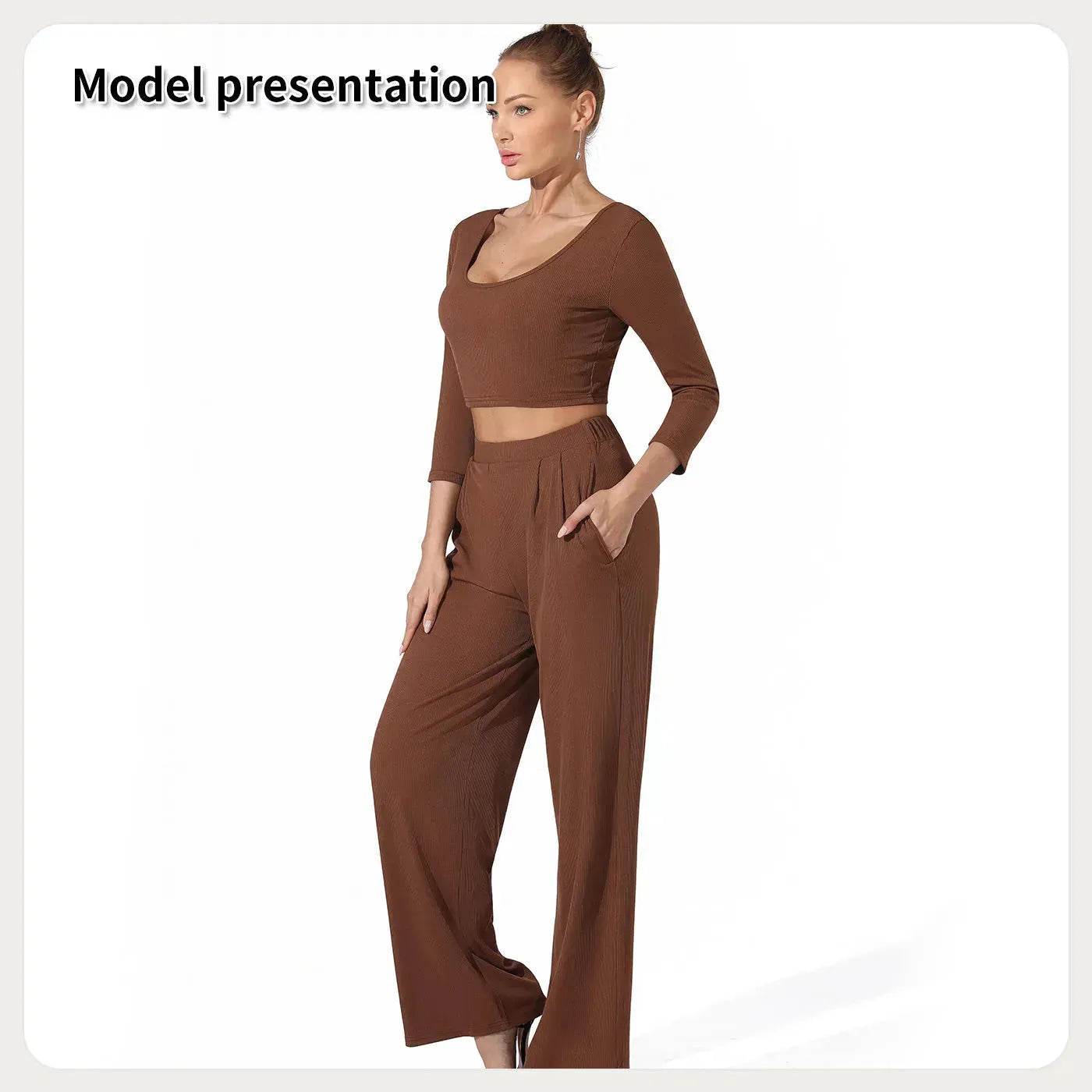 Women Fashion Casual Matching 2pcs set Long Sleeve Crop top and Pant set