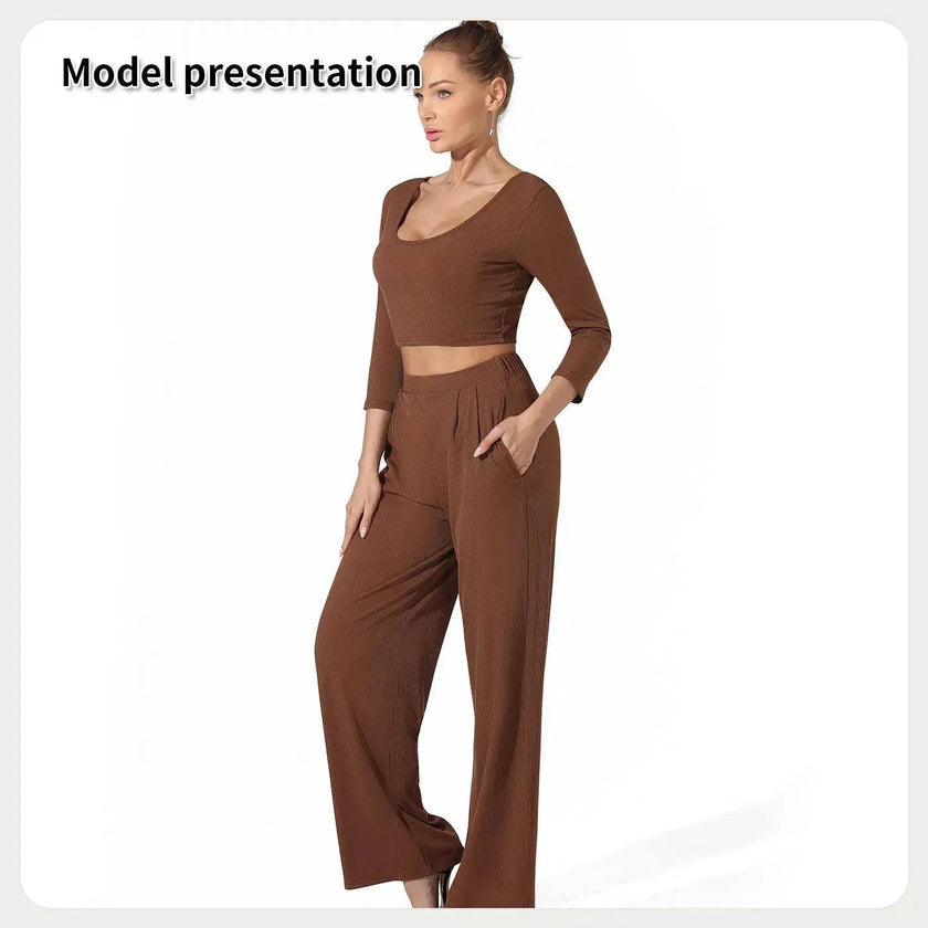 Women Fashion Casual Matching 2pcs set Long Sleeve Crop top and Pant set