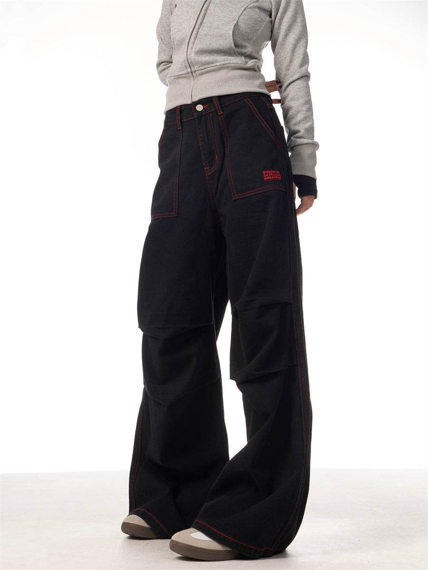Contrasting Color Of Black And Red Workwear With Pocket Trousers