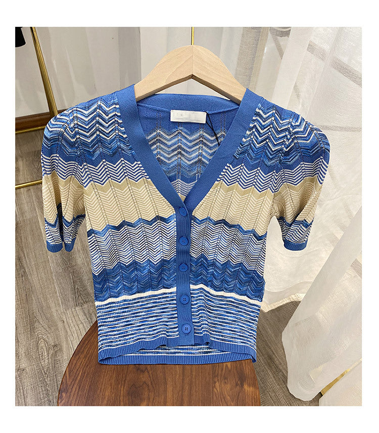 V-neck Wave Stripe Knit Top & Midi Skirt Set | Blue Chevron