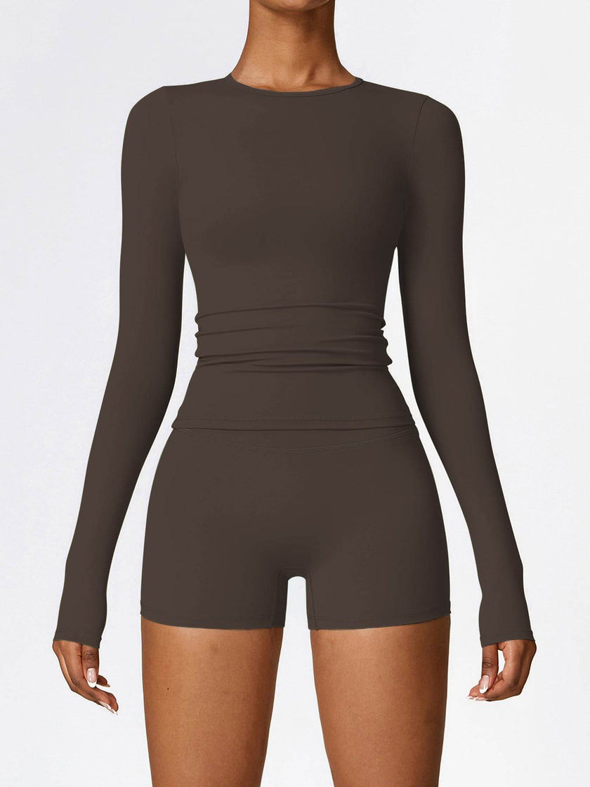 Women's Four Seasons Sports Suit, Women's Long Sleeve Round Neck Sports T-shirt And High Waist Tight Shorts Yoga Suit.