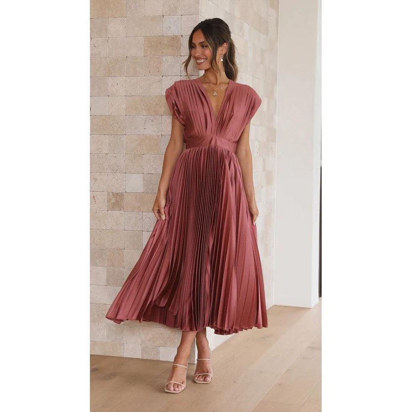 Women's V-Neck Pleated Midi Dress – Sleeveless Zip Casual Summer Dress
