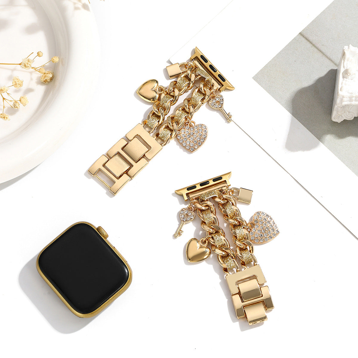 Gold Heart Pendant Apple Watch Strap for Women Alloy Decorative Band
