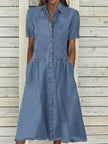 Women's European And American Lapel Casual loose button down Midi Denim jeans Mum Dress
